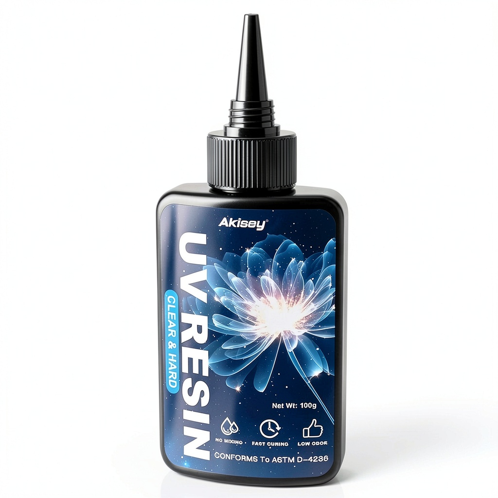 Akisey UV resin glue bottle with clear liquid and DIY craft examples