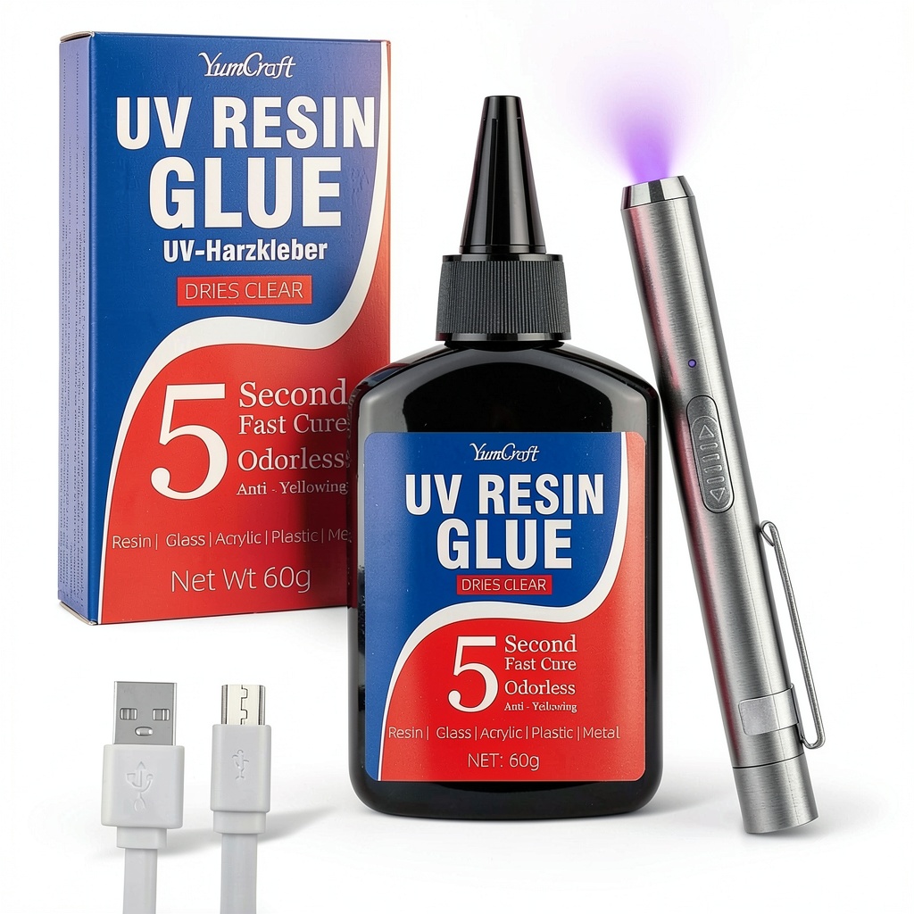 YumCraft UV Resin Kit with rechargeable light and adhesive bottles