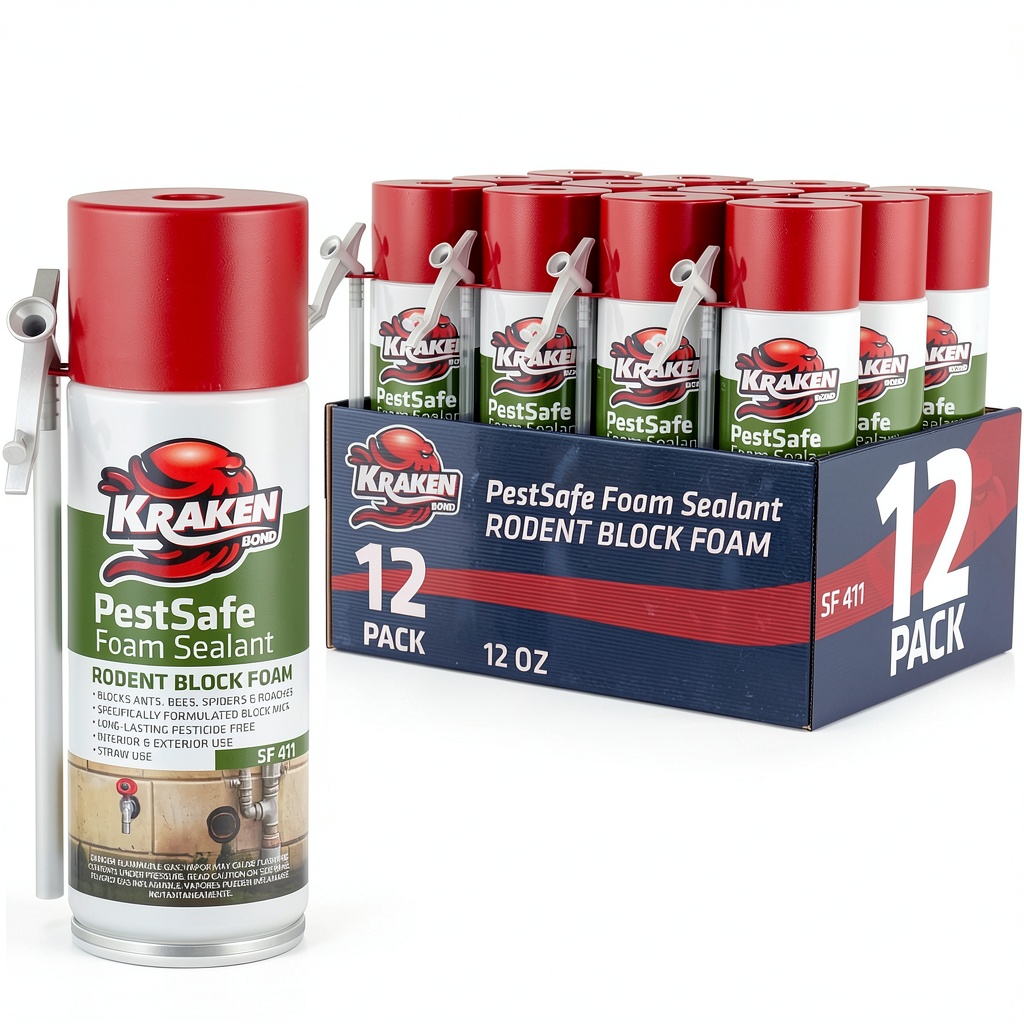 'Kraken Bond Spray Foam Insulation can with straw adapter on a workbench'