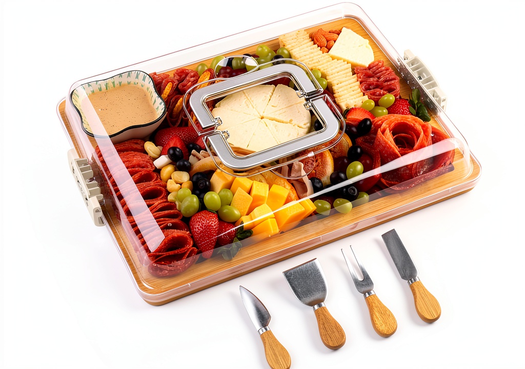 CAWIU bamboo charcuterie board displayed on a picnic blanket with cheese and fruit