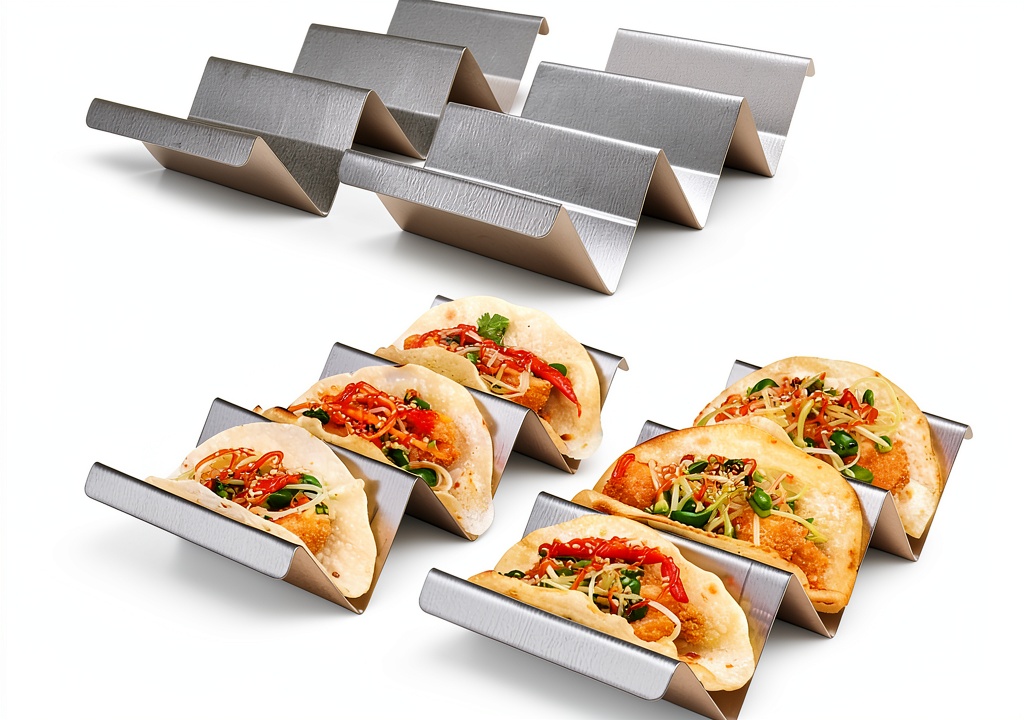 Stainless steel taco holder set displayed on a kitchen counter with filled tacos